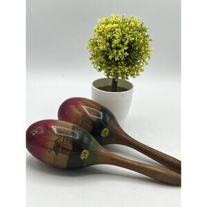 Vintage Calidad JOM Hand Painted Wooden Maracas Pair Mexico 9 inch AS IS